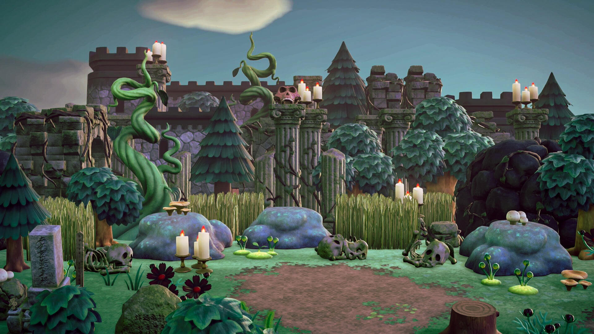 This collage shows three decorated Animal Crossing New Horizons areas from sparksby's islands: a gyroid cinema from her island 'Toof', Bridgerton house from her island 'Mayfair' and a Mario flower pond from her island 'Sorbet'.