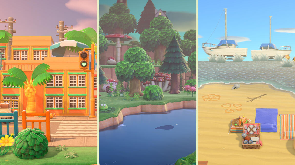 This collage shows three decorated Animal Crossing New Horizons areas from so-called emoji challenges: buildings by a promenade, a mushroom forest, and a decorated beach.