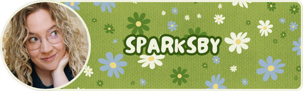A picture of sparksby (aka Malin) smiling while looking off to the side with the 'sparksby' header next to it showing a light green background with daisy-like flowers in dark green, light blue and cream.