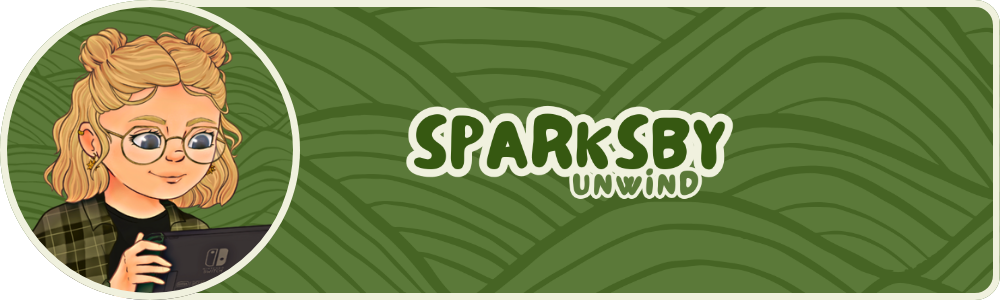 An illustrated picture of sparksby (aka Malin) sitting cross-legged and playing Nintendo Switch, with the 'sparksby unwind' header next to it showing a lush green background with darker green waves over top.