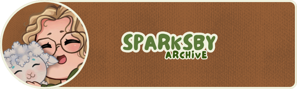 A picture of one of sparksby's emotes where an illustrated Malin is hugging a sheep. Next to it is the 'sparksby archive' header showing a brown background with a paper-like texture.